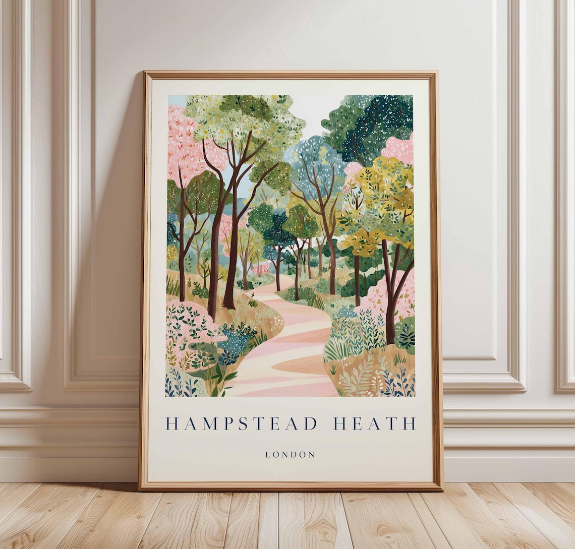 Hampstead Heath London Travel Poster Winding Woodland Path Spring Artwork