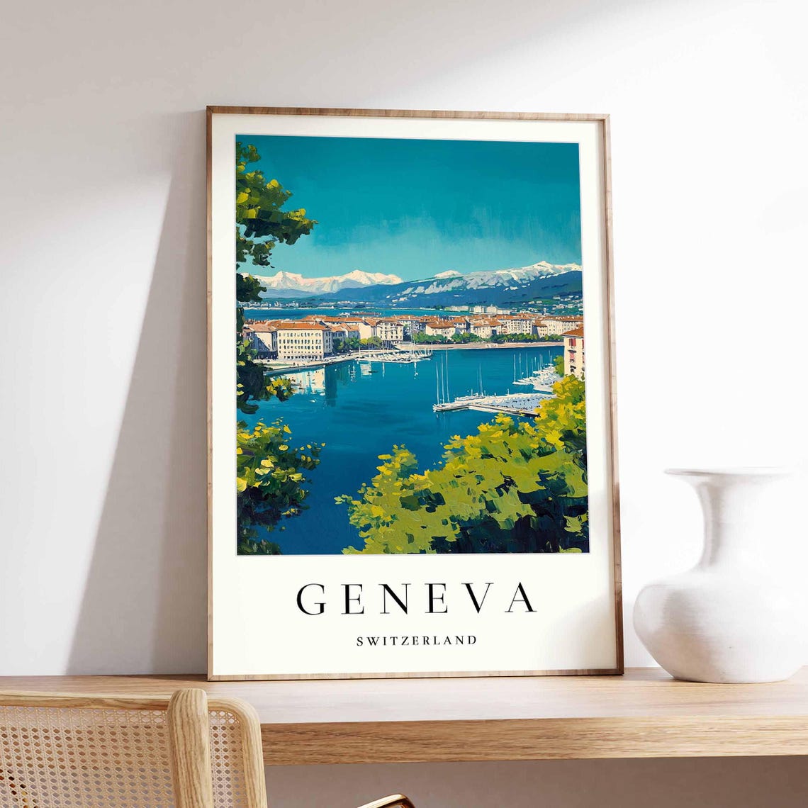 Geneva Switzerland Lake Marina Snow Mountain View Travel Poster