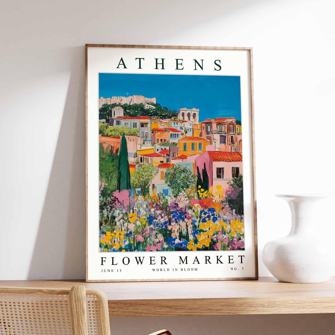Athens Flower Market Acropolis Marigold Lupine Rooftops Bloom Poster