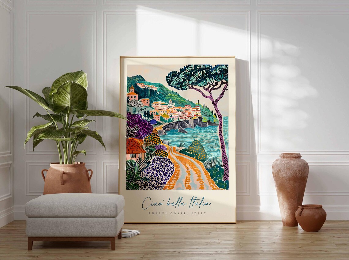 Amalfi Coast Italy Umbrella Pine Coastal Town Painting Travel Poster - Image 3
