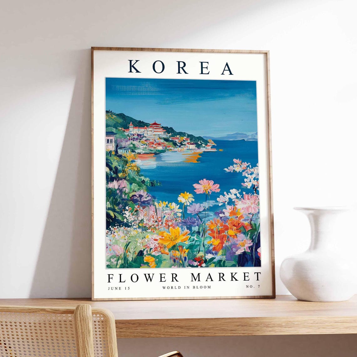 Korea Flower Market No 7 Coastal Town Red Roofs Bay View Poster