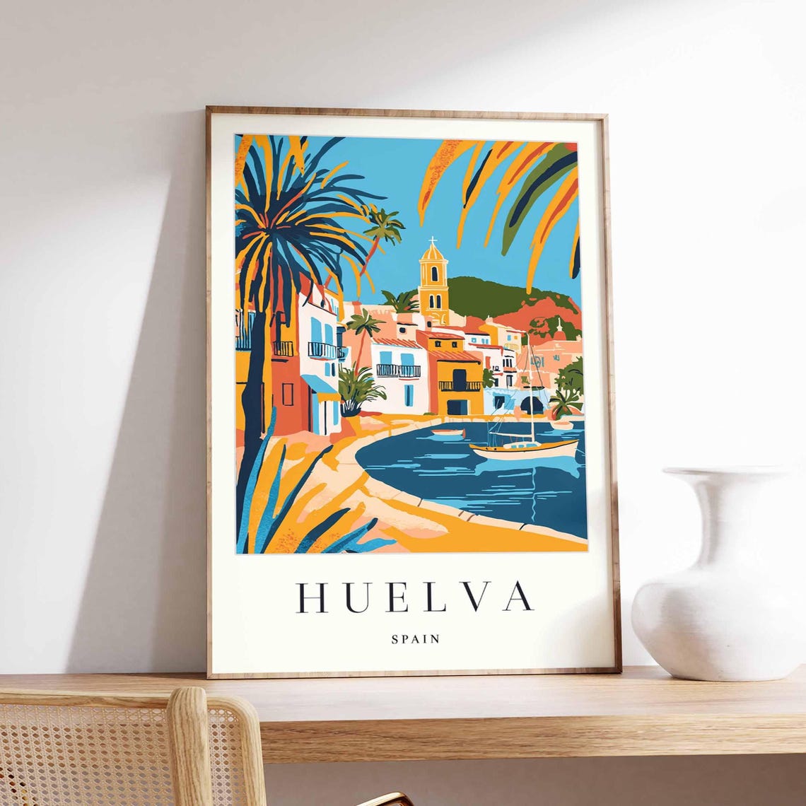 Huelva Spain Sailboat Bay Pastel Waterfront Harbor Travel Poster