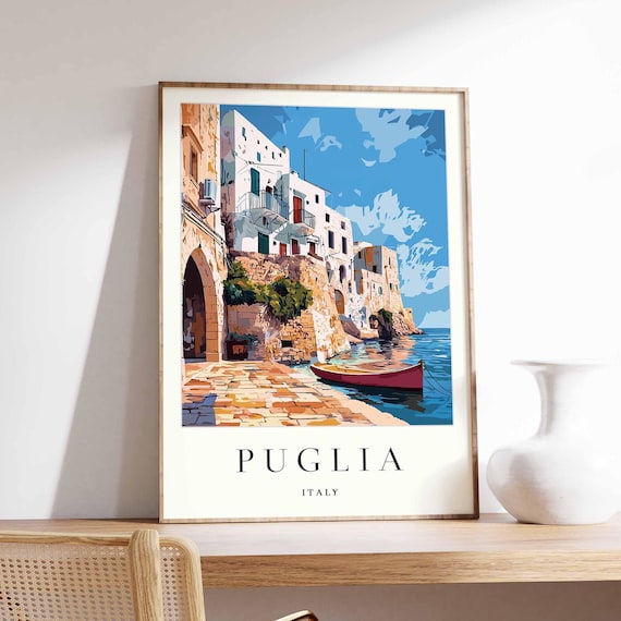 Puglia Italy Coastal Cliffs Old Village Painterly Travel Poster