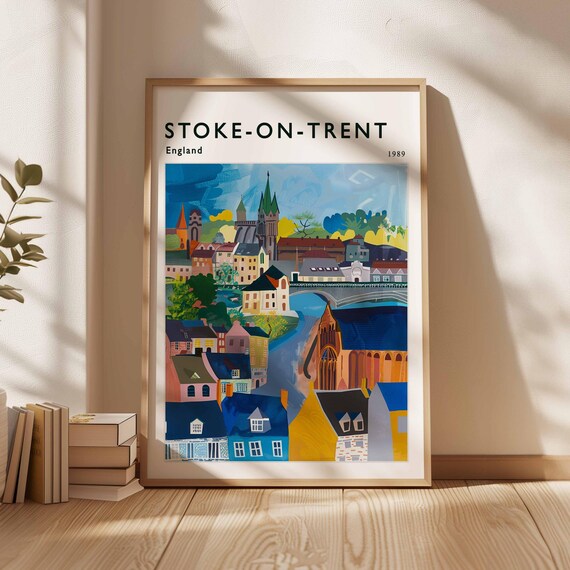 Stoke On Trent England 1989 Riverside Town Bridge Vintage Travel Art Poster