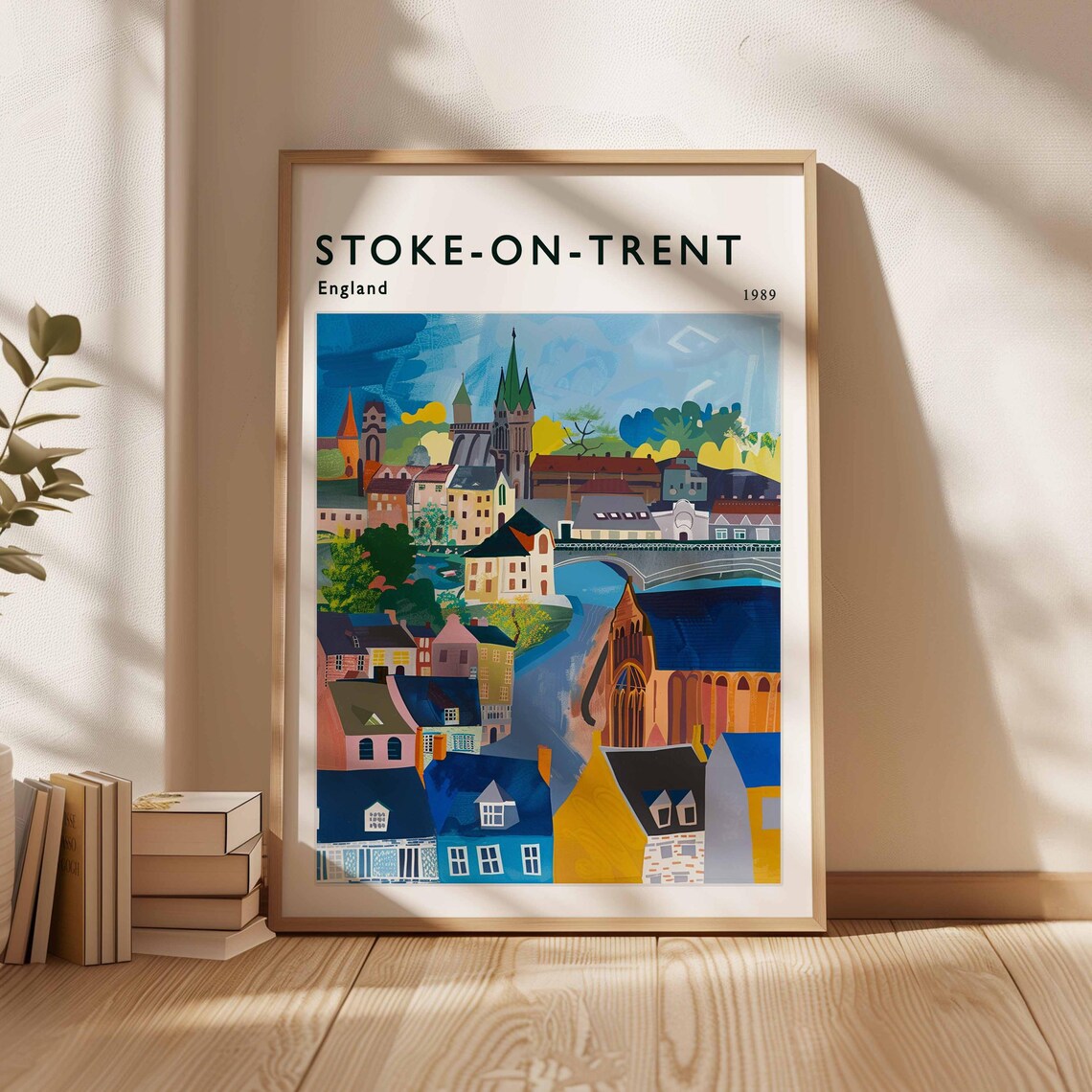 Stoke On Trent England 1989 Riverside Town Bridge Vintage Travel Art Poster