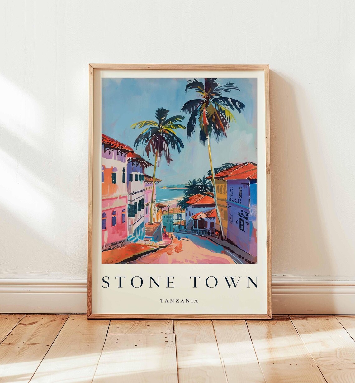 Stone Town Tanzania Colorful Coastal Street Palm Trees Travel Poster