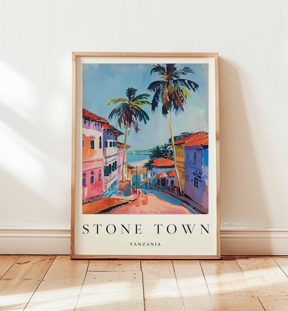 Stone Town Tanzania Colorful Coastal Street Palm Trees Travel Poster