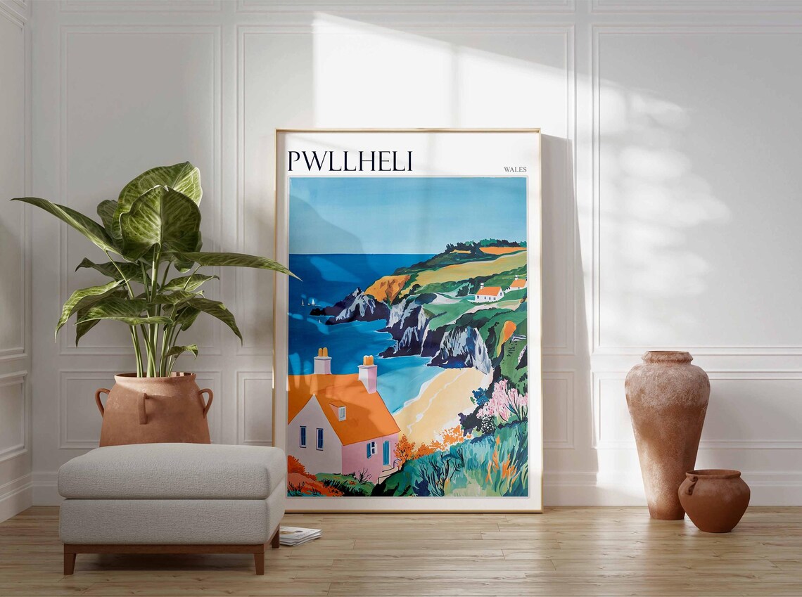 Pwllheli Wales Pink Cottage Orange Roof Rocky Headland Sea Poster - Image 4