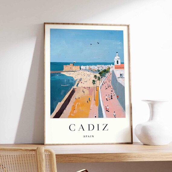 Cadiz Spain Busy Beach Promenade Castle Palms Sunny Art Poster