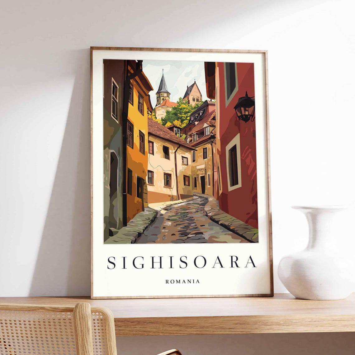 Sighisoara Romania Cobblestone Alley Church Spires Above Poster