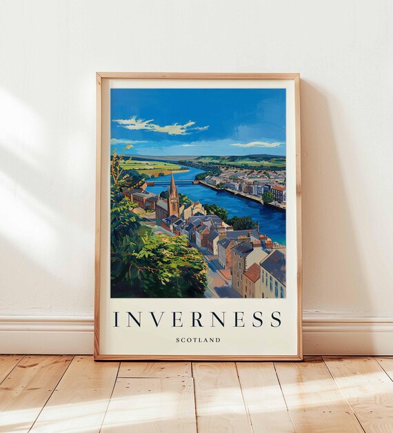 Inverness Scotland Riverside Town Blue River Travel Poster Art
