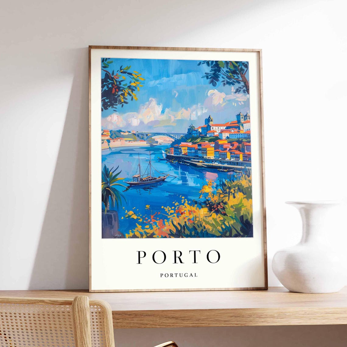 Porto Douro River Rabello Boat and Dom Luís Bridge View Poster