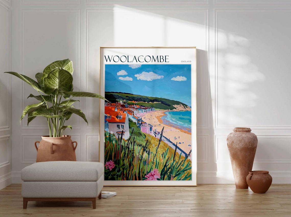 Woolacombe England Beach Cove Village Watercolor Landscape Poster - Image 2