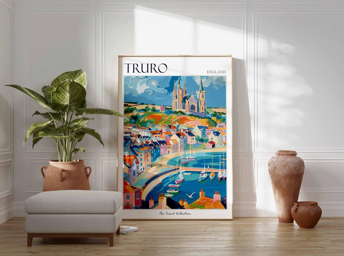 Truro Cathedral Over Colorful Harbor Town England Travel Poster - Image 3