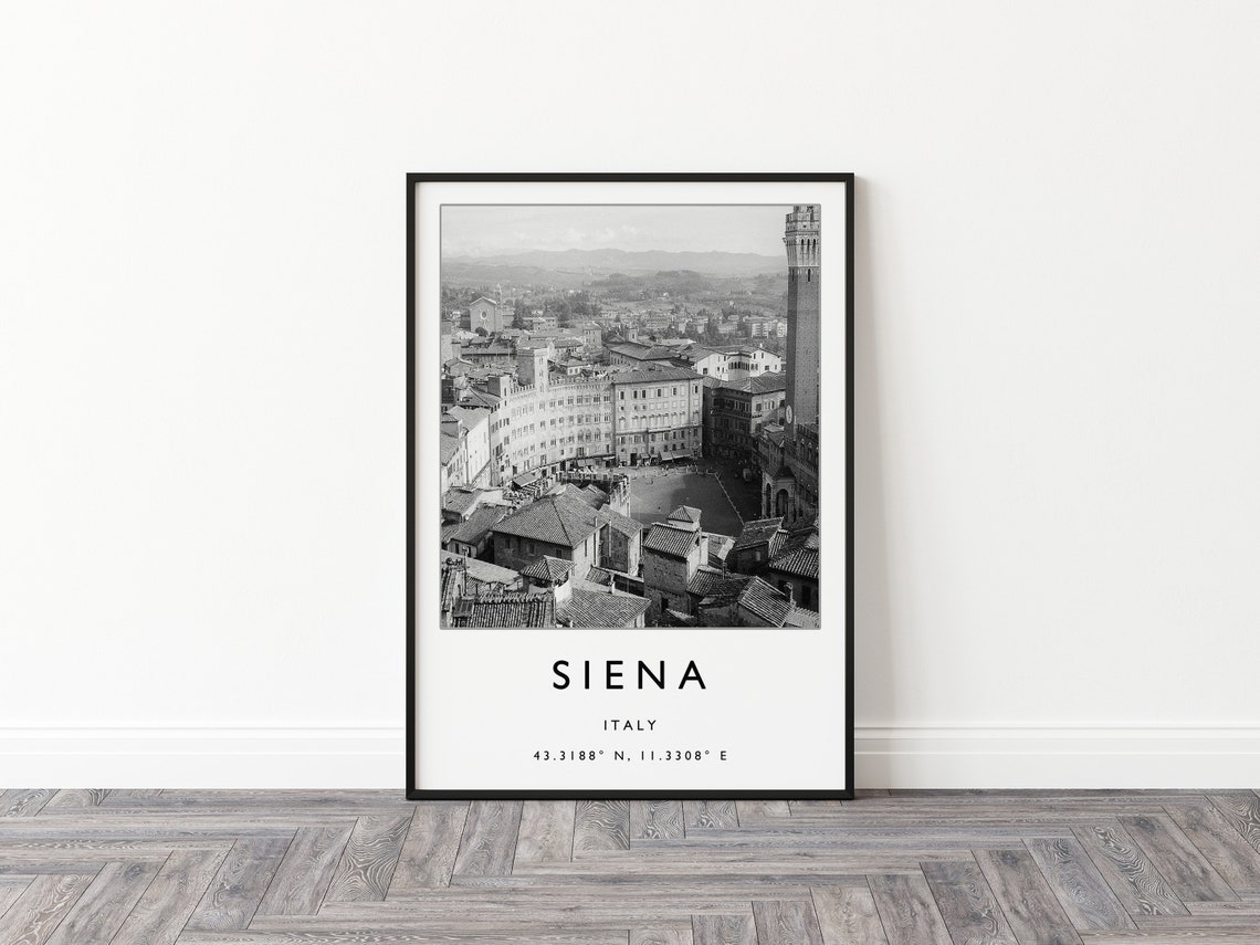 Siena Italy Black and White Old Town Square Aerial Photo Poster - Image 2