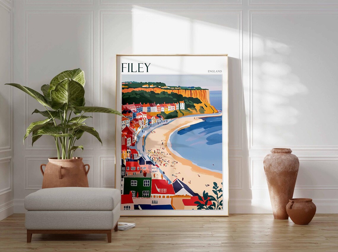 Filey England Curved Beach Terraced Town Chalk Cliffs Illustration Poster - Image 3