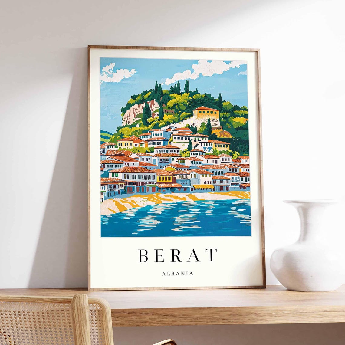 Berat Albania Colorful Coastal Old Town Hillside Travel Poster