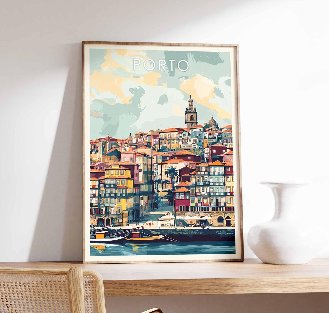 Porto Portugal Pastel Cityscape Riverside Travel Illustration Poster