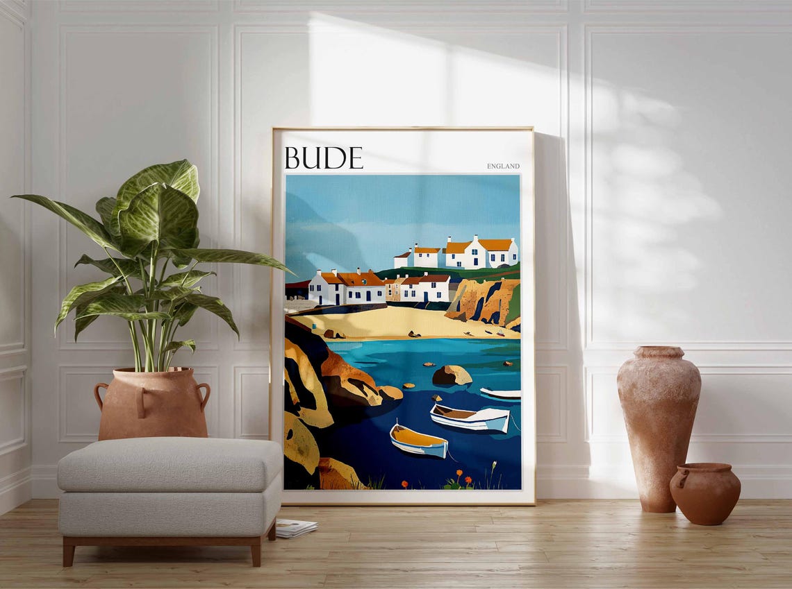 Bude Cornwall England Rocky Cove Rowboats and Clifftop Cottages Poster - Image 3
