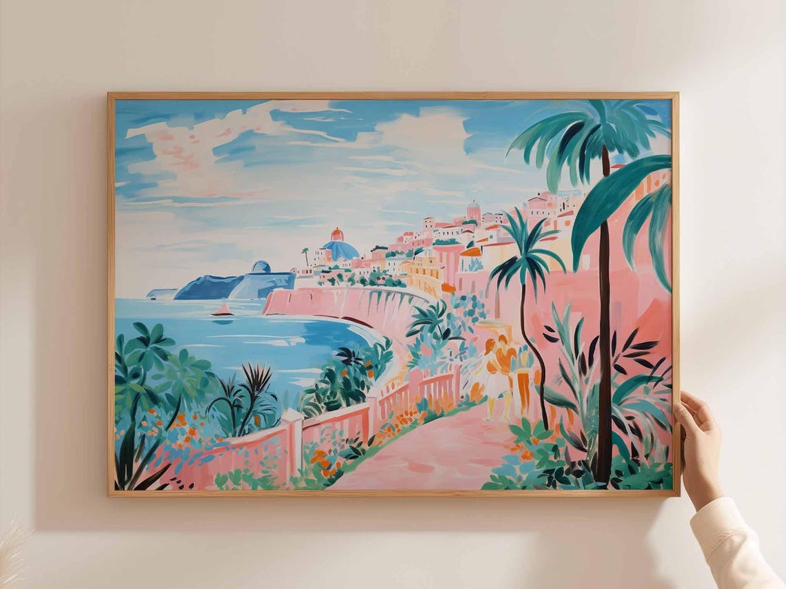 Pink Pastel Amalfi Coast Town Palm Trees Sea Italy Travel Poster