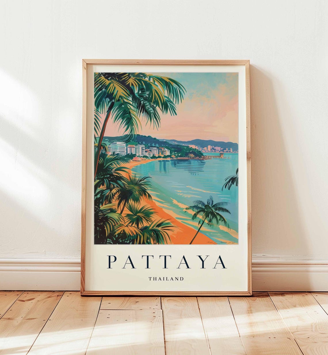 Pattaya Thailand Tropical Beach Sunset Retro Travel Poster Palm Trees