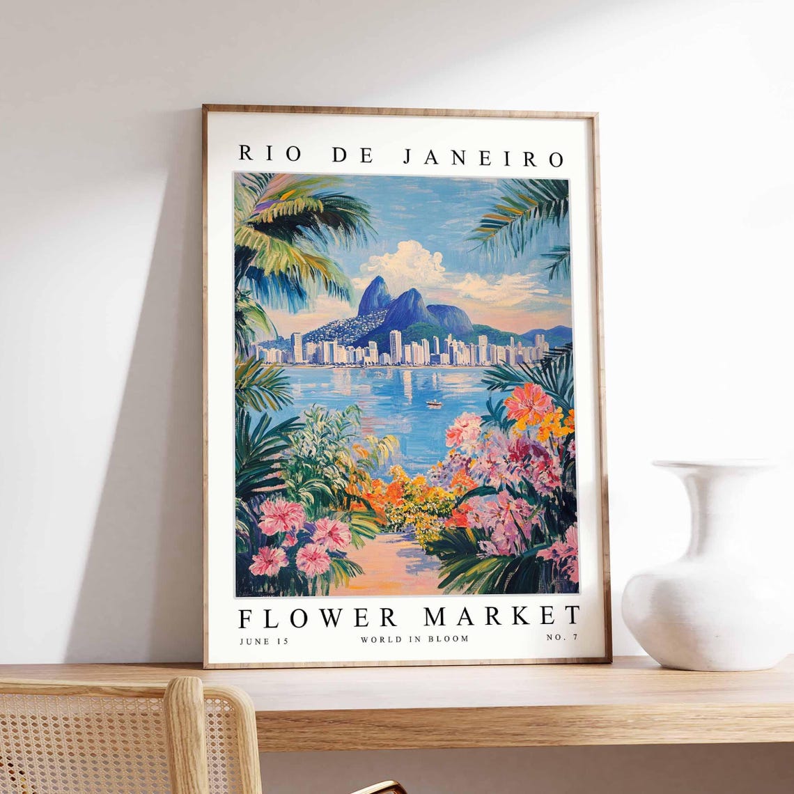 Rio de Janeiro Sunset Beach Palms Mountain Harbor Travel Poster