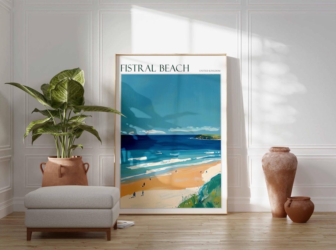 Fistral Beach United Kingdom Long Beach Headland Soft Art Poster - Image 3