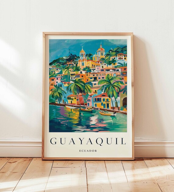 Guayaquil Ecuador Waterfront Boats Palm Trees Harbor Travel Poster