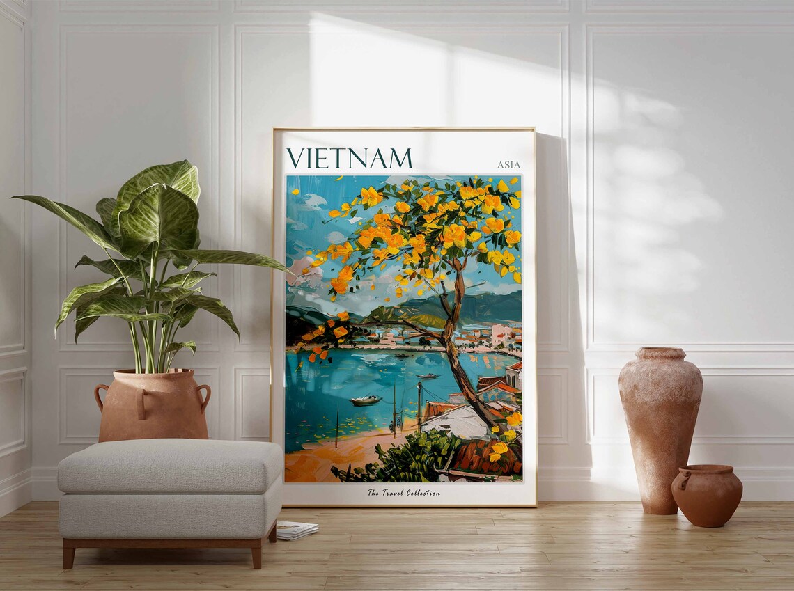 Vietnam Asia Golden Blossom Tree Bay Boats Mountain View Poster - Image 2