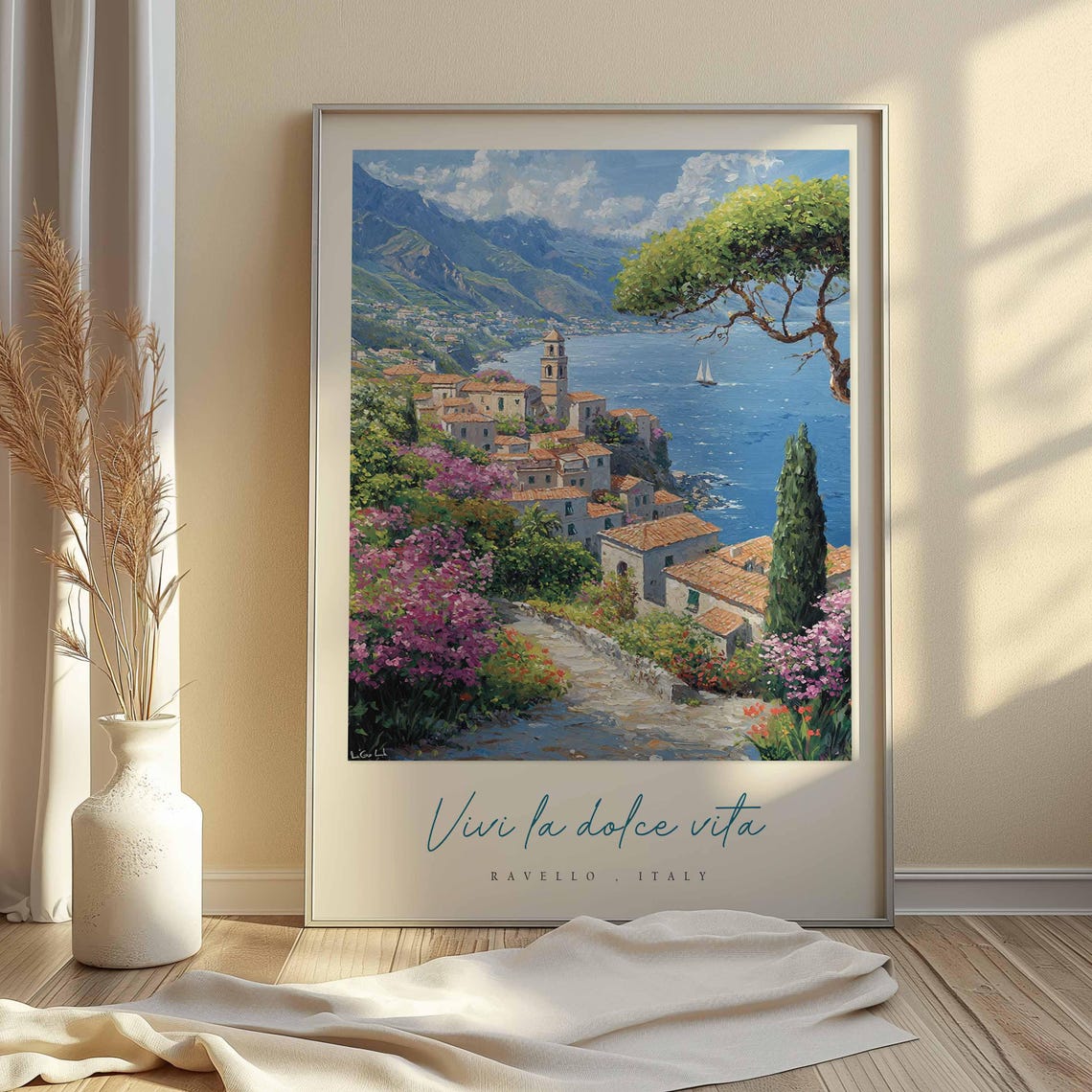 Ravello Italy Bell Tower Village Pine Tree Sailboat Bay Poster - Image 2