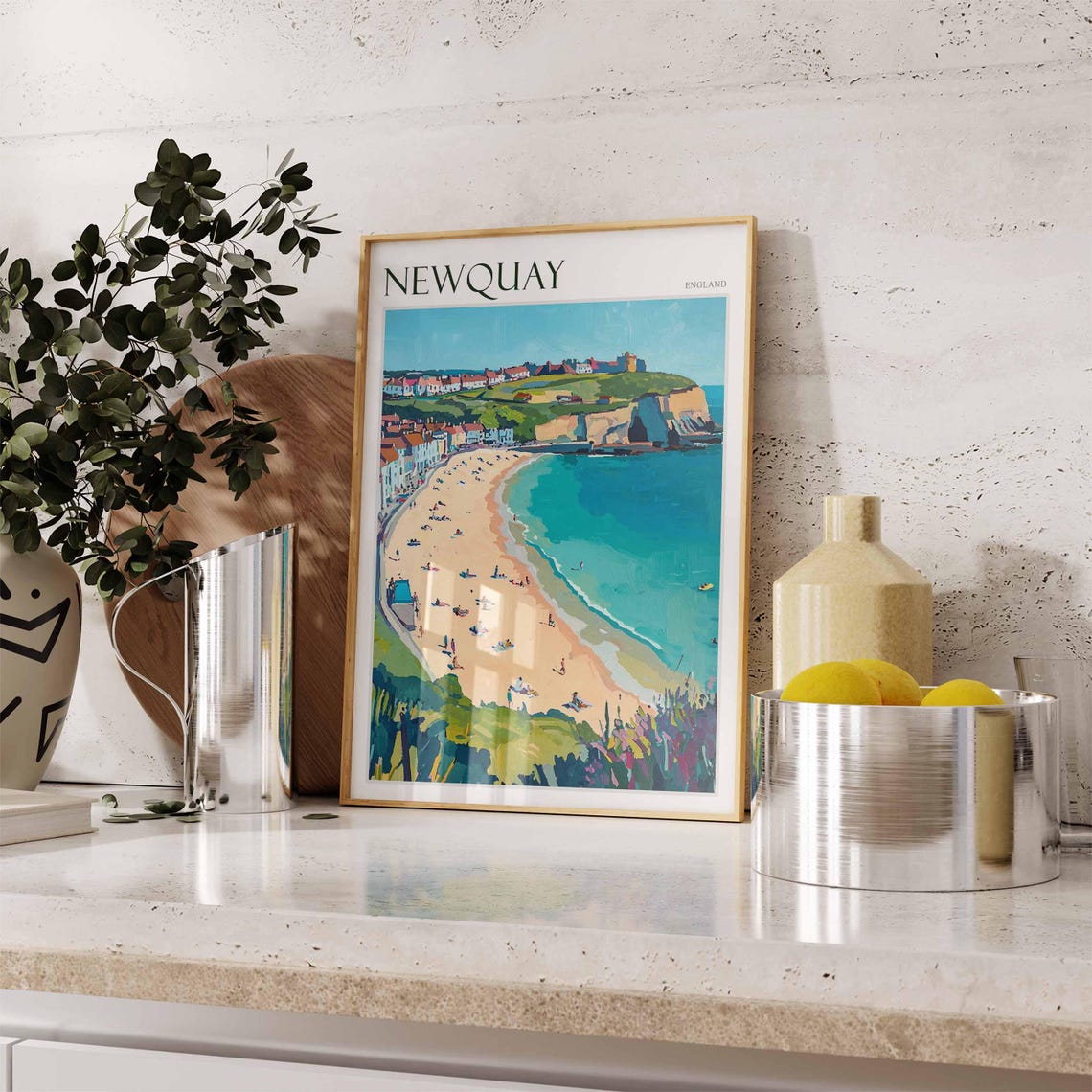 Newquay England Curved Golden Beach Cliffs Town Painting Poster - Image 2