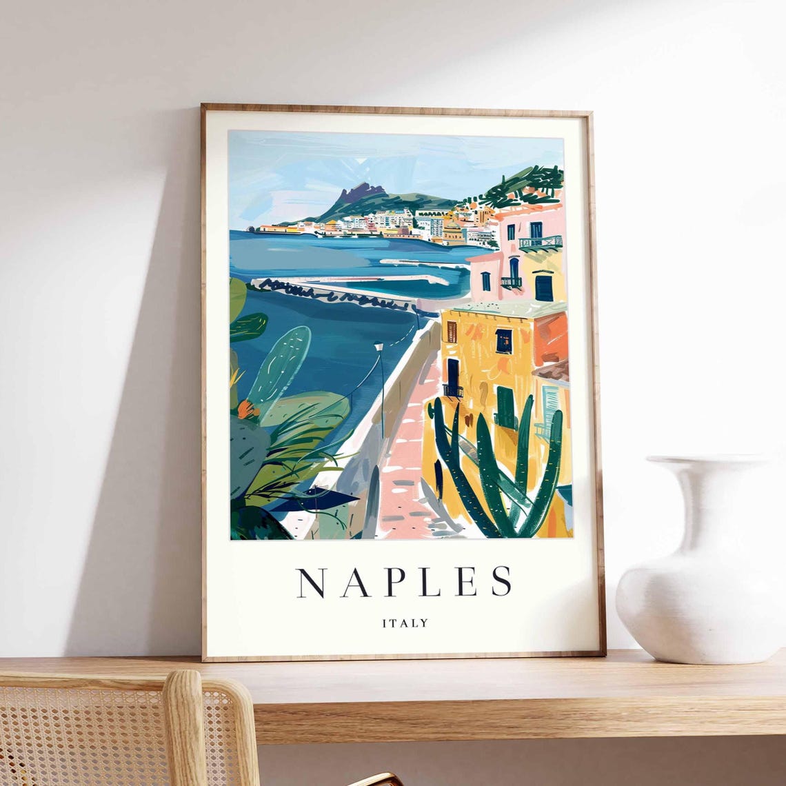 Naples Italy Harbor and Mount Vesuvius Seaside Illustration Poster