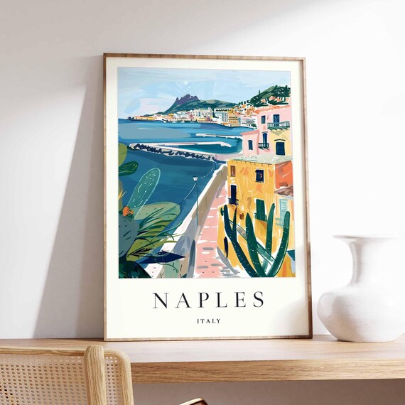 Naples Italy Harbor and Mount Vesuvius Seaside Illustration Poster