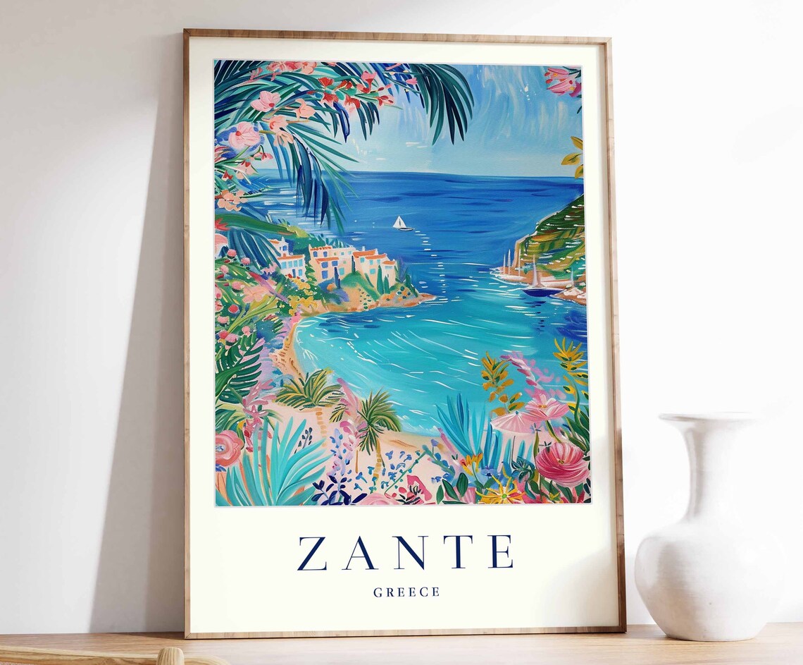 Zante Greece Travel Poster Turquoise Cove Sailboats Palm Garden Art
