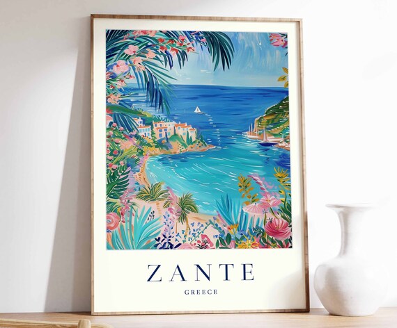 Zante Greece Travel Poster Turquoise Cove Sailboats Palm Garden Art
