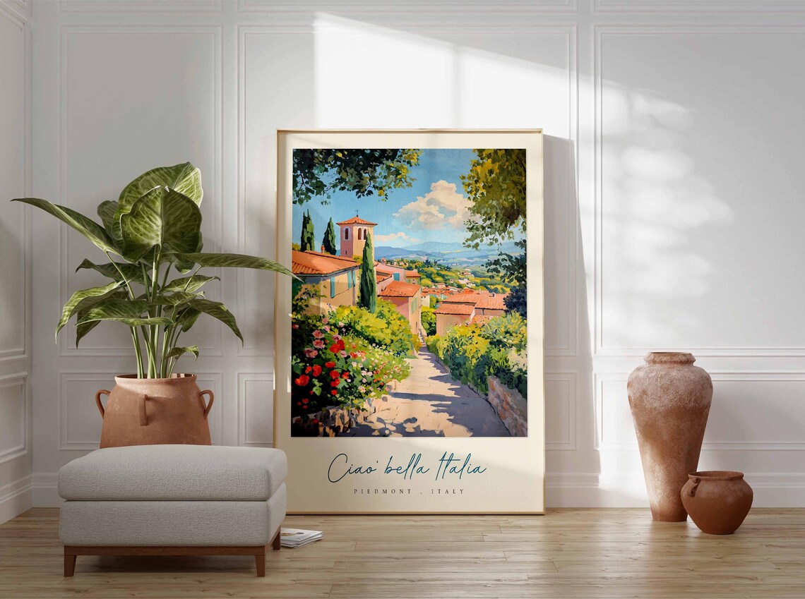 Piedmont Italy Flower Street Bell Tower View Scene Travel Poster - Image 3