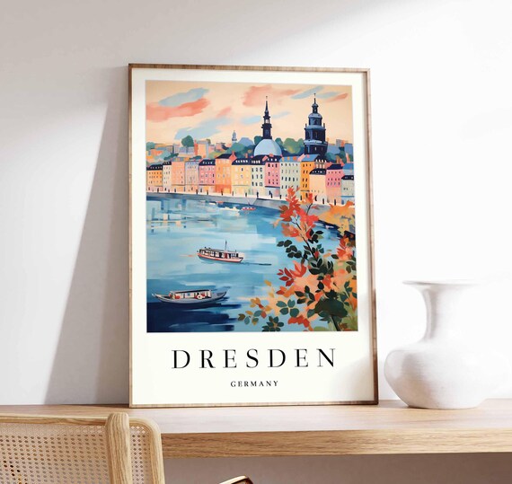 Dresden Germany Riverfront Boats Autumn Foliage Golden Light Poster