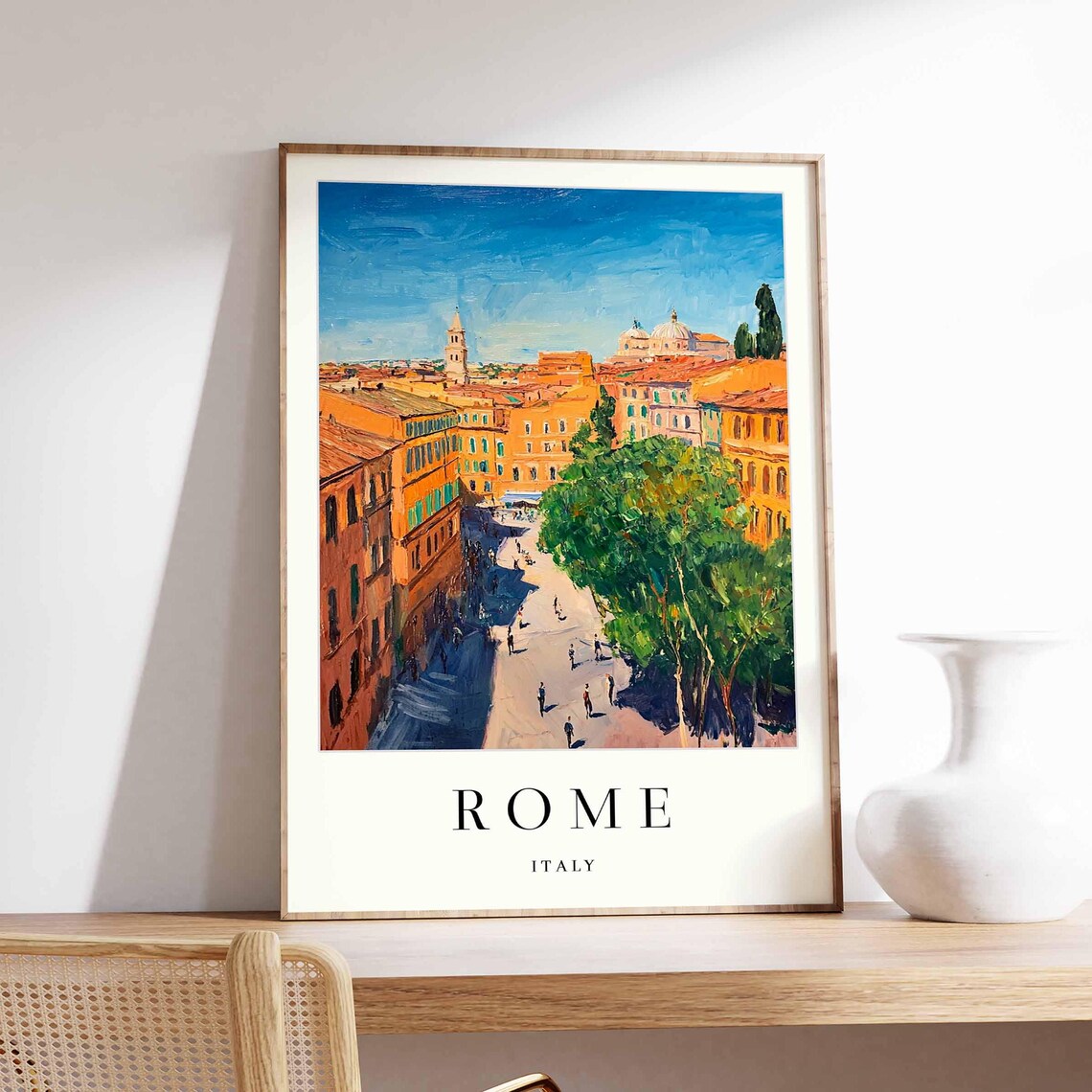 Rome Italy Sun Drenched Crowded Square Framed By Church Spires Travel Poster