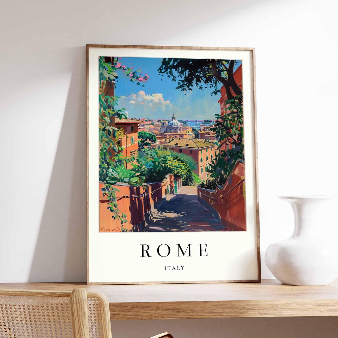 Rome Italy Ivy Covered Stairway To Dome Rooftops Travel Poster