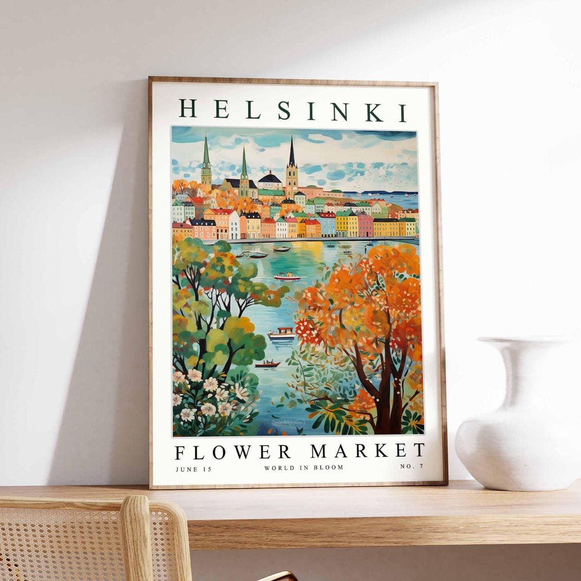 Helsinki Flower Market Autumn Trees Sailboat Waterfront Scene Poster