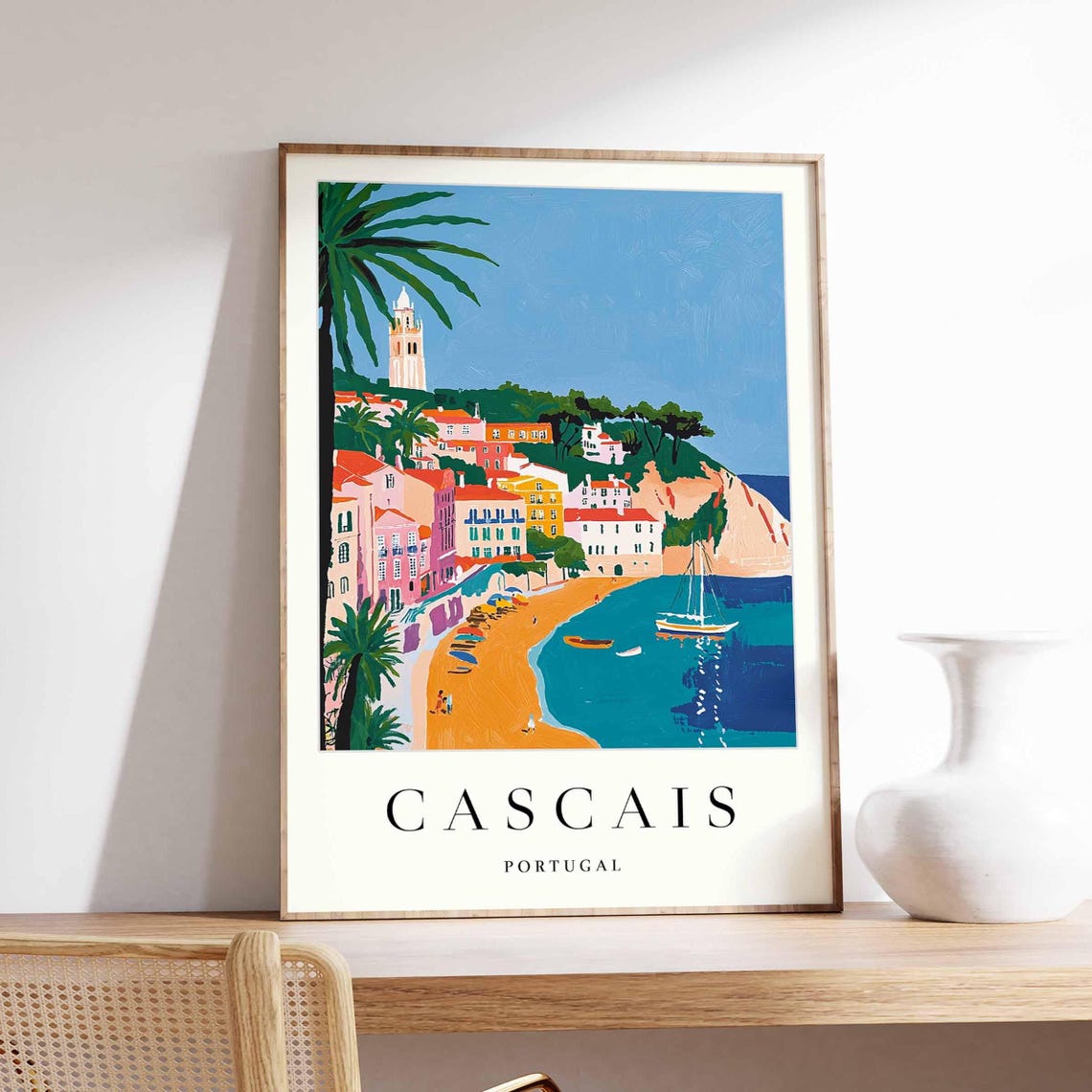 Cascais Portugal Coastal Town Beach Palm Trees Seaside Art Poster