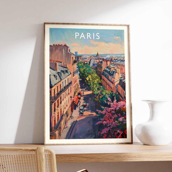 Paris Poster France Travel Print Eiffel Tower Cityscape Wall Decor Louvre Museum View Parisian City Gift