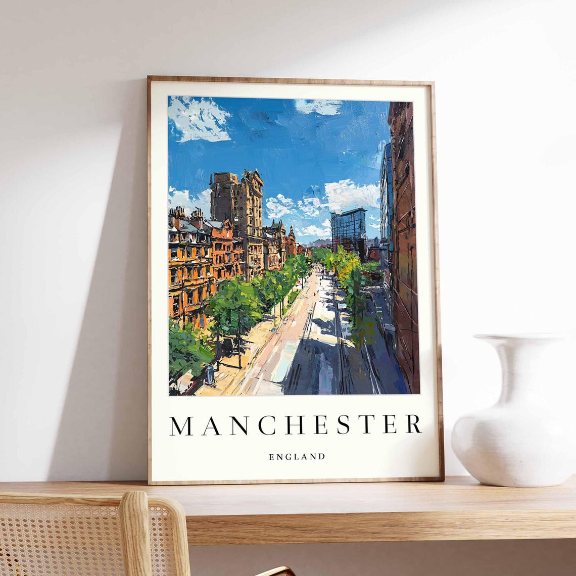 Manchester England Tree Lined Historic Street Cityscape Poster