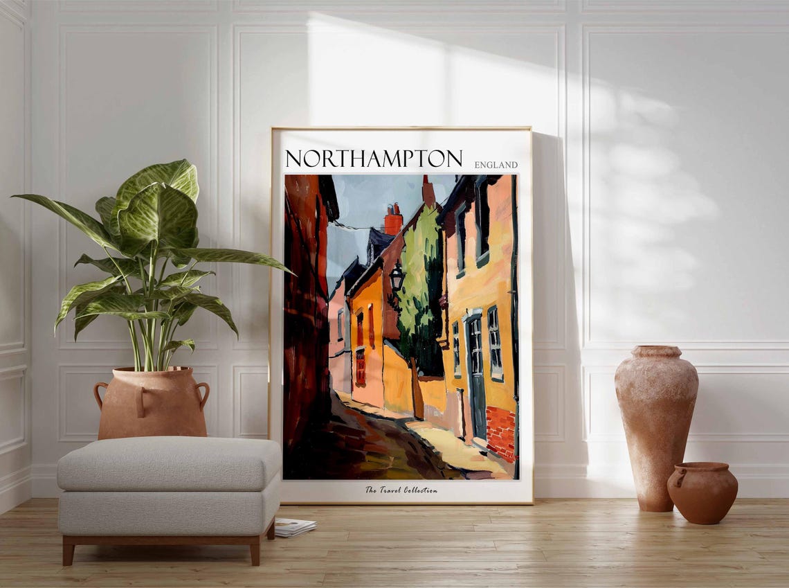 Northampton England Old Cobbled Street Colorful Houses Travel Poster - Image 2