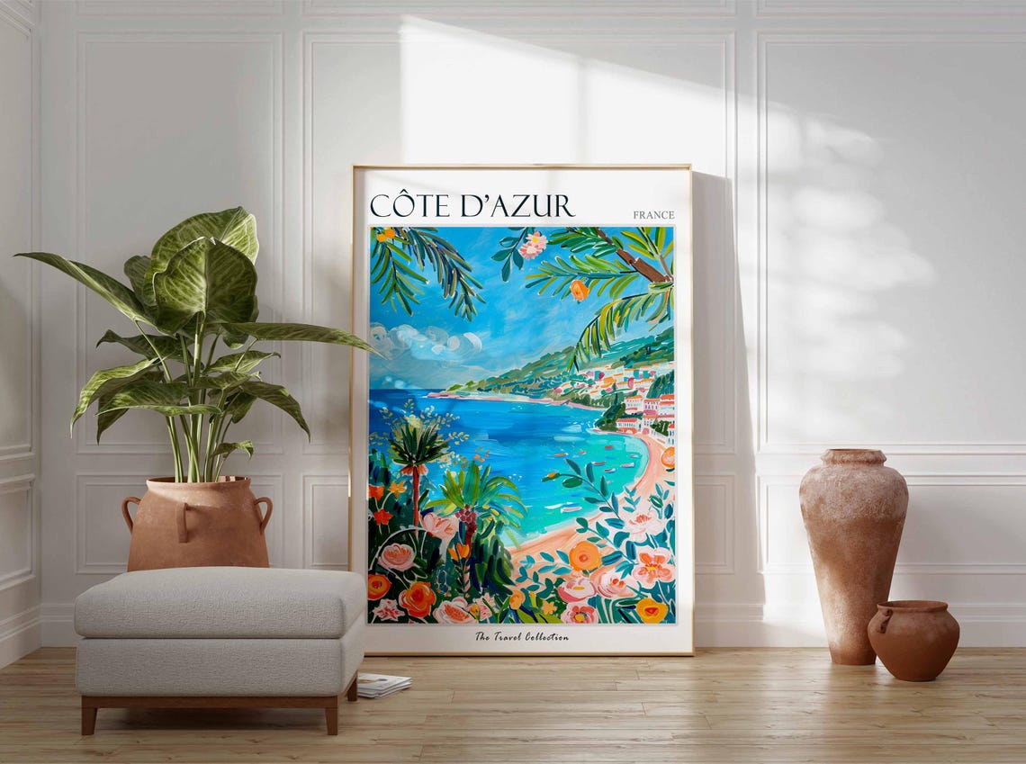 Cote d'Azur France Riviera Beach and Palm Flowers Scene Poster - Image 3