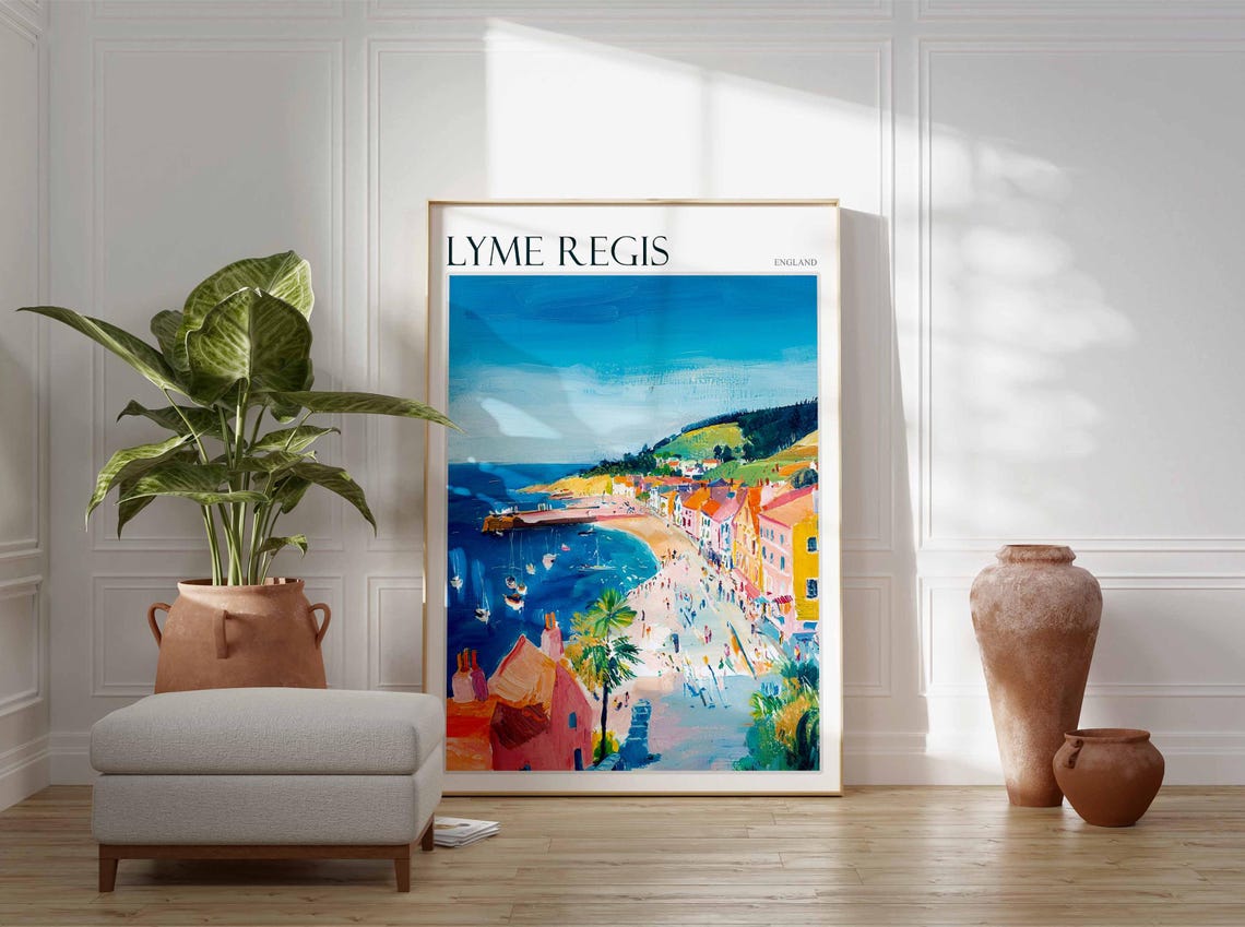 Lyme Regis England Sunlit Harbor Sailboats Waterfront Houses Poster - Image 3