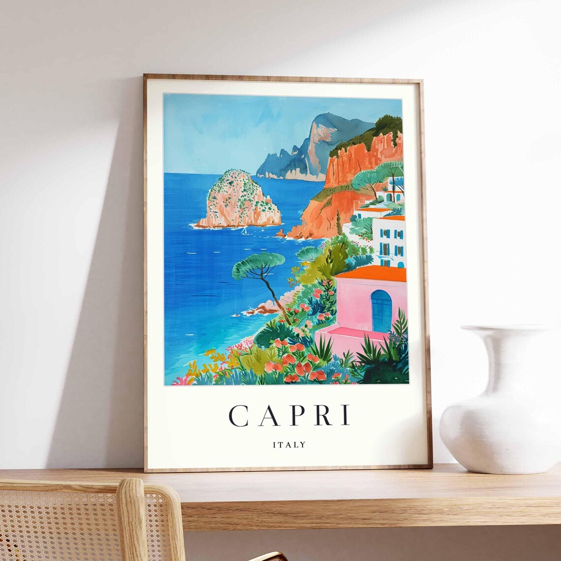 Capri Italy Pink House Rocky Islets Cliffside Coast Vintage Travel Poster
