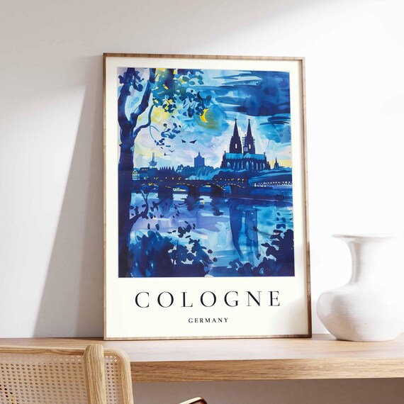 Cologne Germany Rhine River Blue Watercolor Night Travel Poster