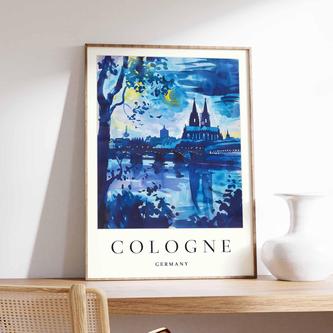 Cologne Germany Rhine River Blue Watercolor Night Travel Poster