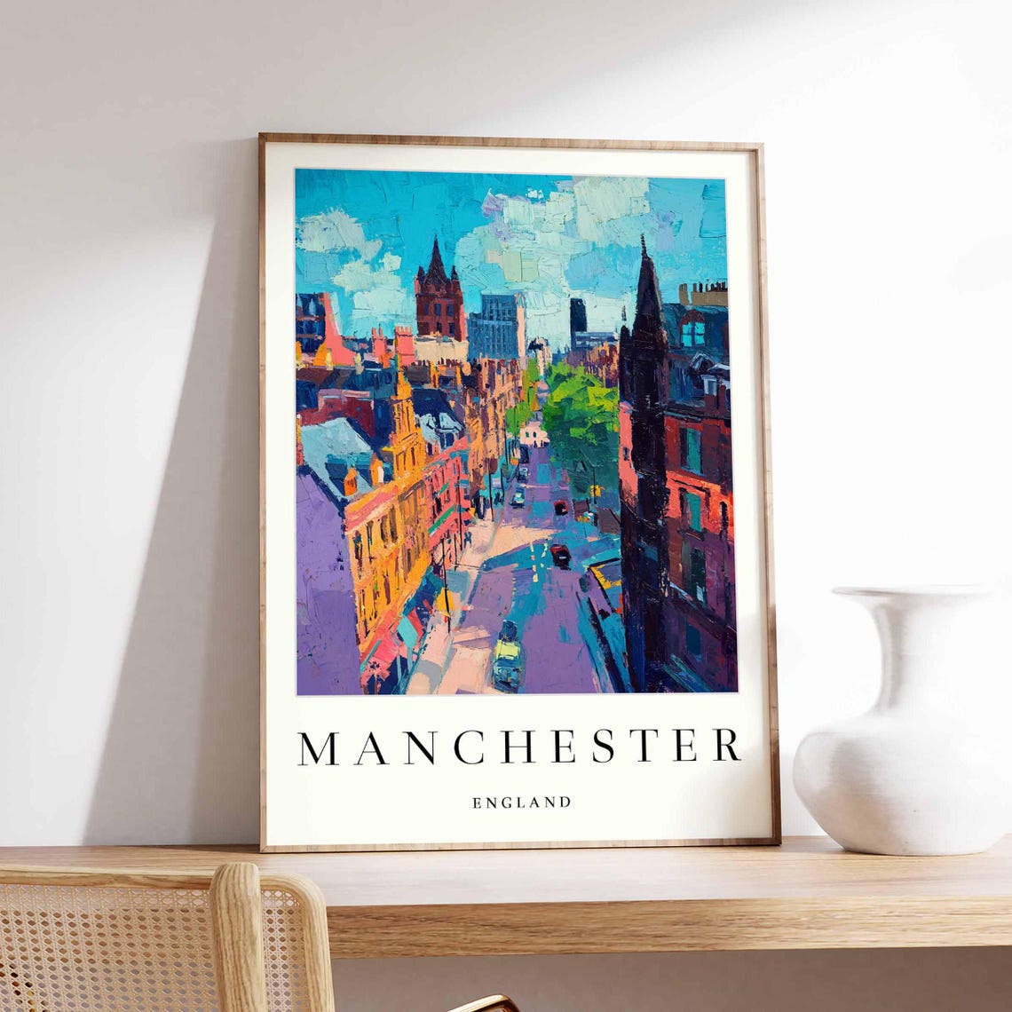 Manchester England Colorful Spire Street Scene Blue Sky Poster